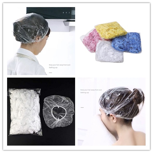 Set 100 Mũ Tắm Trùm Đầu Bằng Nhựa Trong Suốt Co Giãn Chống Nước Nhiều Màu Sắc Dùng Một Lần