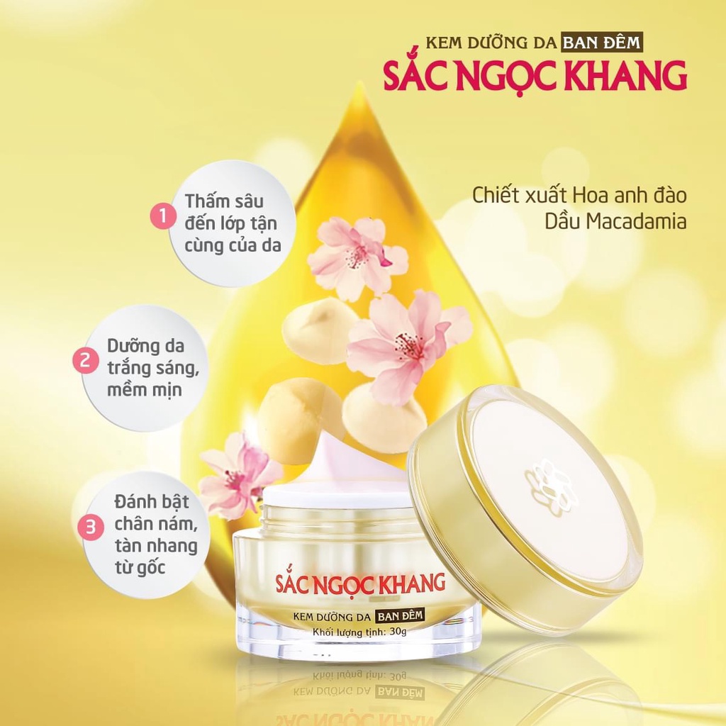 Bộ ba dưỡng da cơ bản 2 SẮC NGỌC KHANG {Kem dưỡng da ban đêm 30g +Sữa rửa mặt 100g + Nước hoa hồng cân bằng da 145ml}