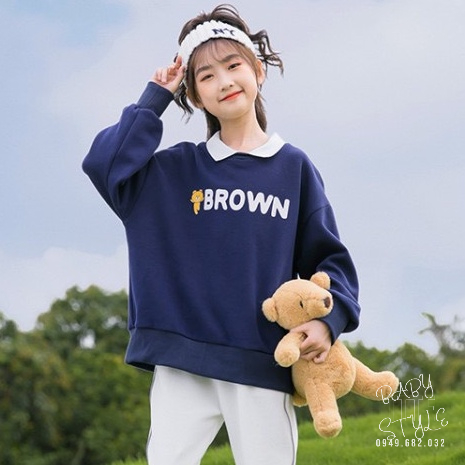 Áo thu đông bé gái &quot;BROWN&quot; 14-45kg, Áo nỉ polo dài tay cổ bẻ cho bé 4-15 tuổi. Thiết kế đẹp, năng động. G48