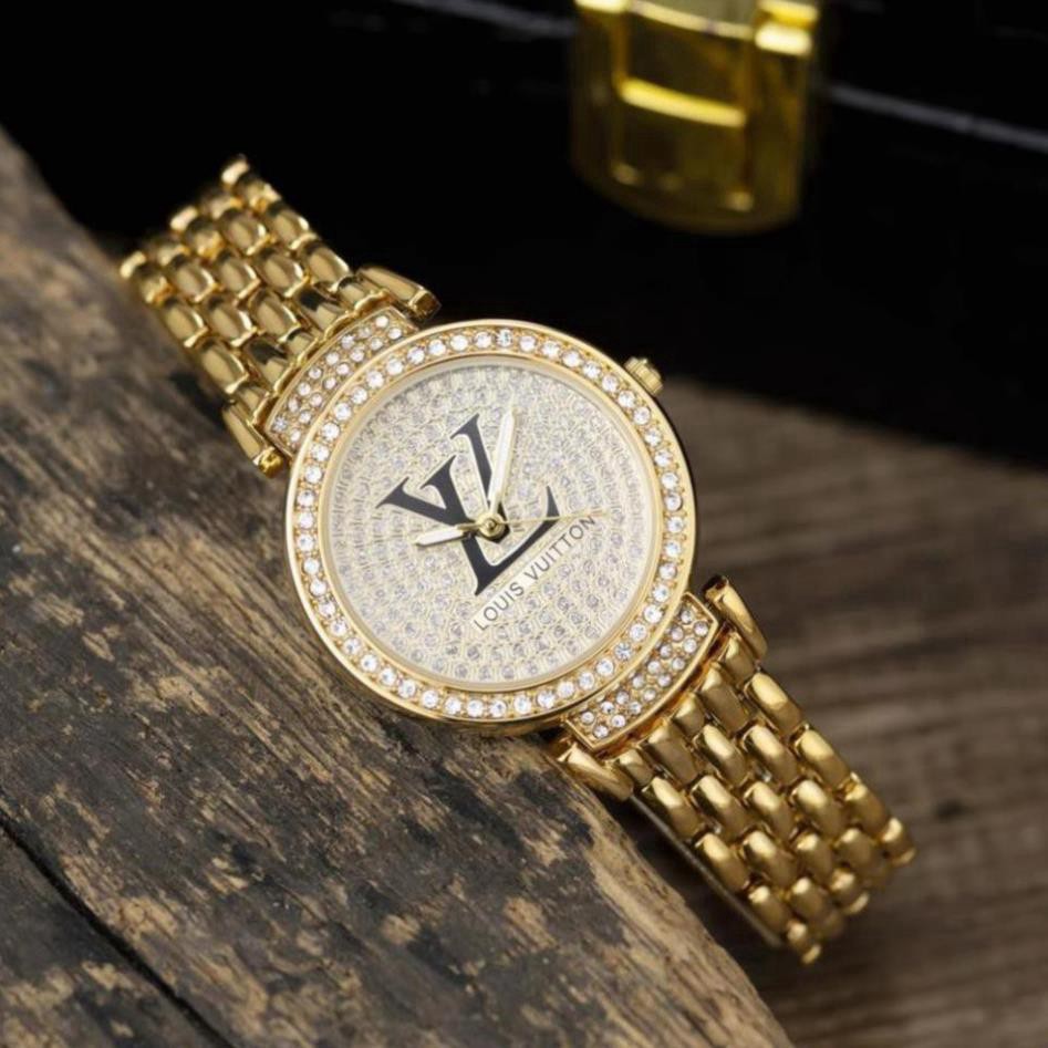 Đồng hồ nữ LV-28mm mặt tròn đính đá dây kim loại cao cấp tặng hộp chống nước DHN223