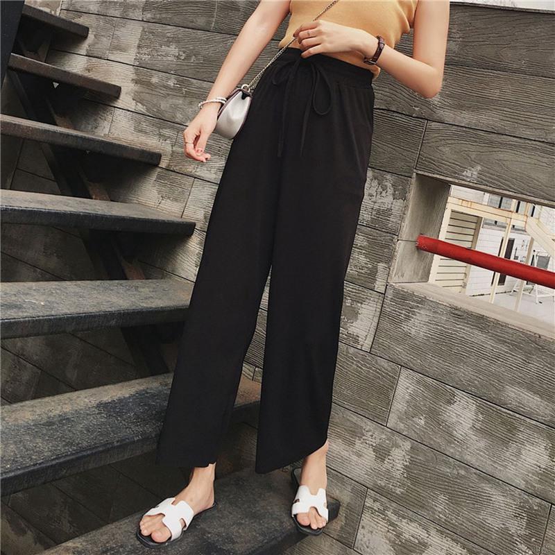 Quần nữ lưng cao ống rộng màu trơn phong cách Hàn Quốc