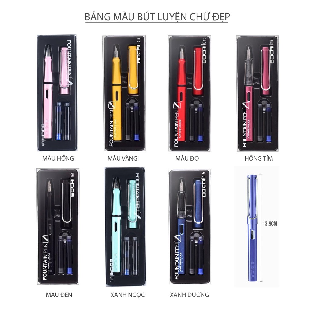 Bút máy BOCAI ngòi EF(0.38mm), bút mực ngòi trơn kèm ống mực xanh và đen thay thế, nhẹ, kiểu dáng sang trọng