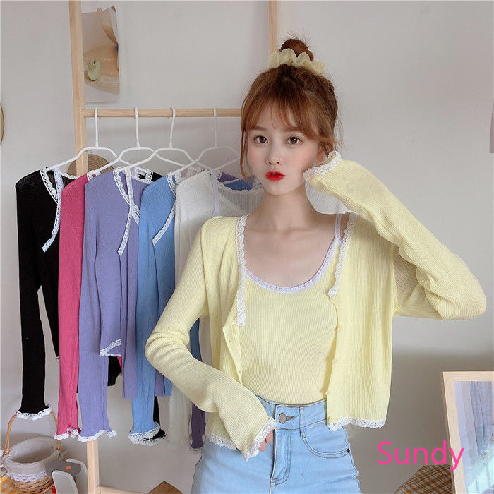 Bộ Áo Dây Dệt Kim Và Áo Khoác Cardigan Xinh Xắn Cho Nữ
