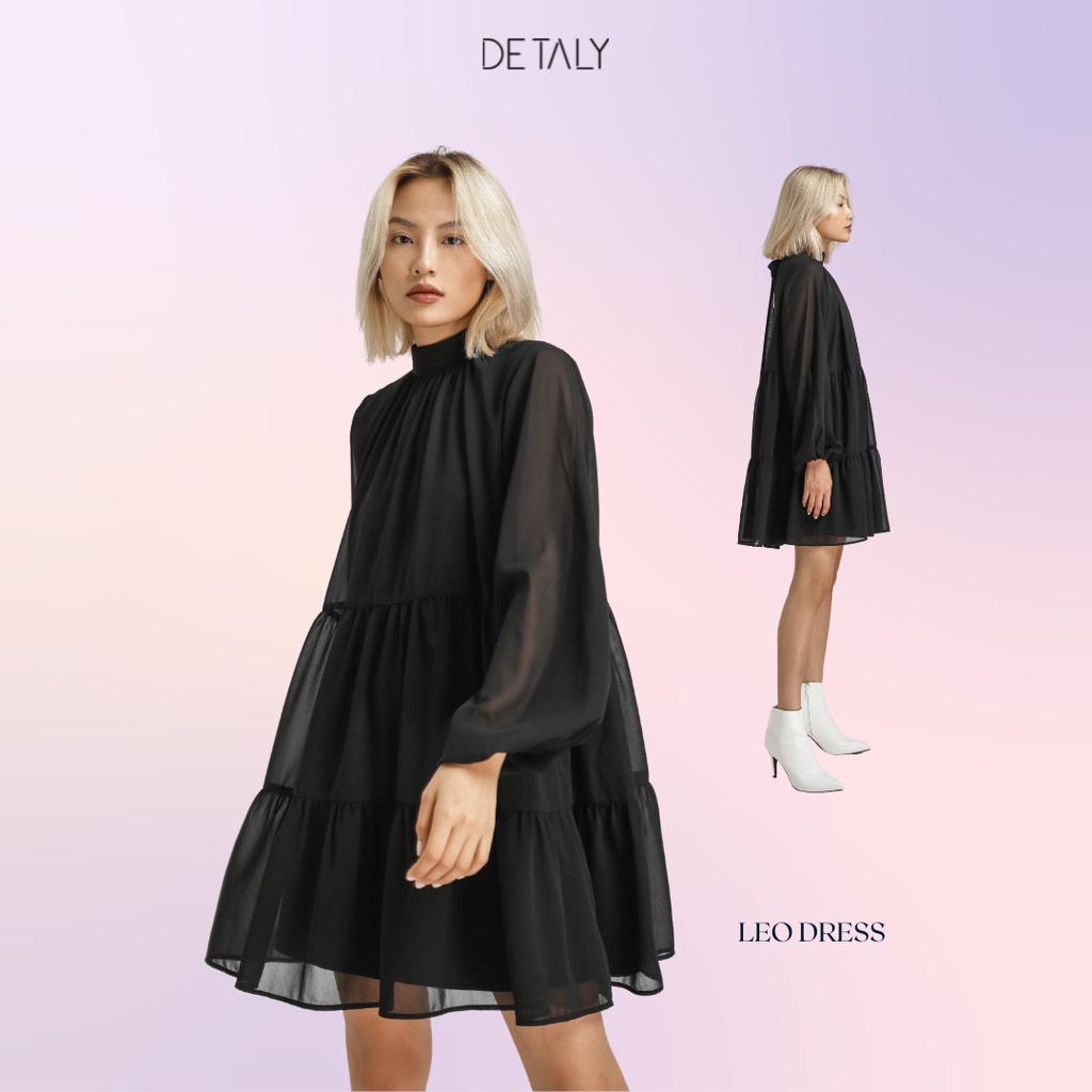 Đầm dáng xòe Leo màu đen chất Chiffon vải dệt thoi có độ mềm cao, thoáng mát DETALY D16121-1