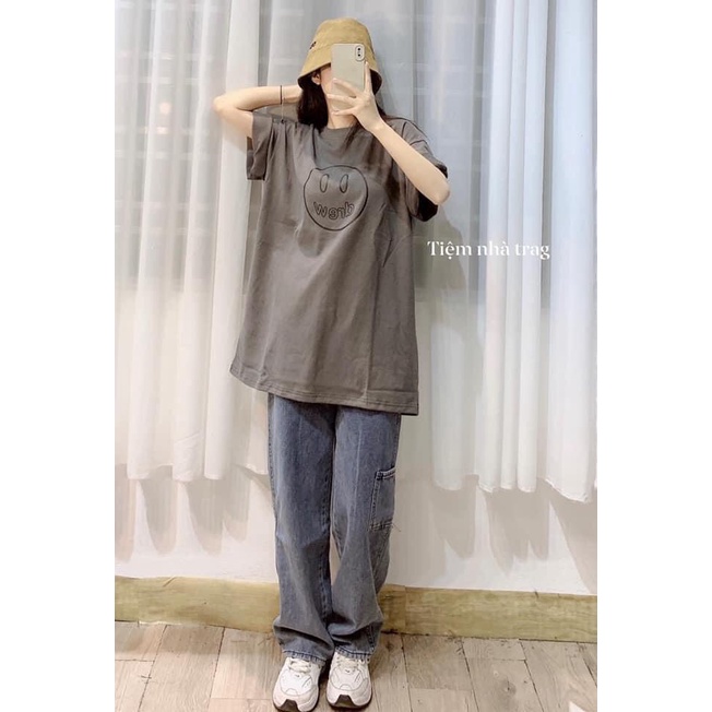 Áo phông tay lỡ unisex form rộng hình Mặt cười Drew_Áo thun tay cộc nam nữ basic, hottrend