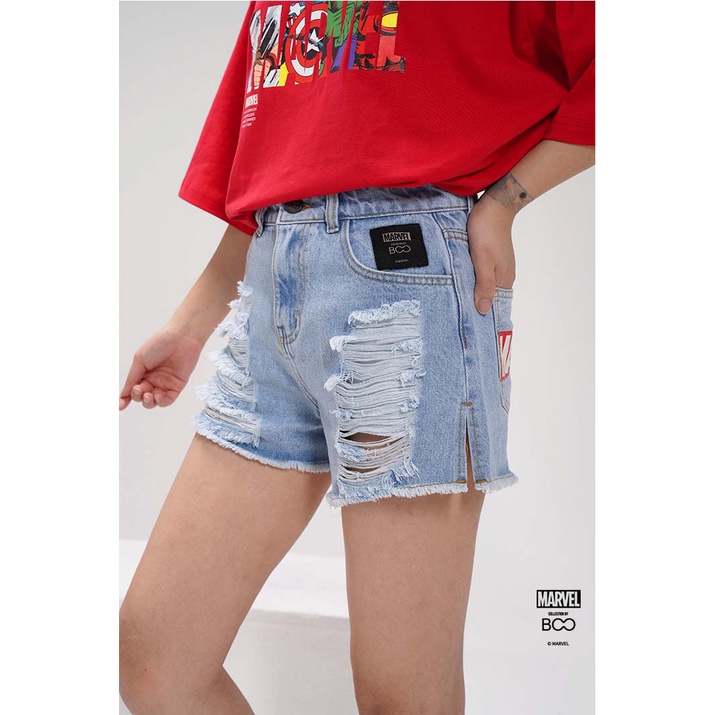 Quần Short BOO Jeans Nữ Cạp Cao Logo Marvel Phối Cào Rách Cá Tính
