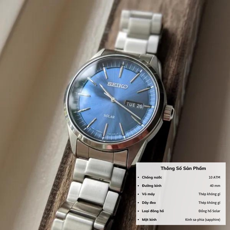 Đồng hồ Seiko Solar SNE52 nam pin năng lượng mặt trời mặt kính sapphire chống nước 10 ATM dây thép cao cấp chính hãng