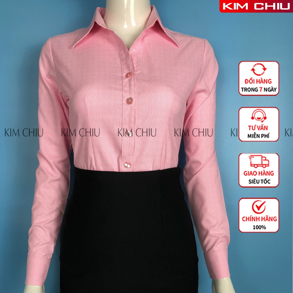 Áo Sơ Mi Nữ Công Sở Kẻ Caro Họa Tiết Sao, Form Mai An, Màu Hồng Tay Dài Vải Kate Mỹ Đẹp Ít Nhăn, Đứng Áo. SMTD01