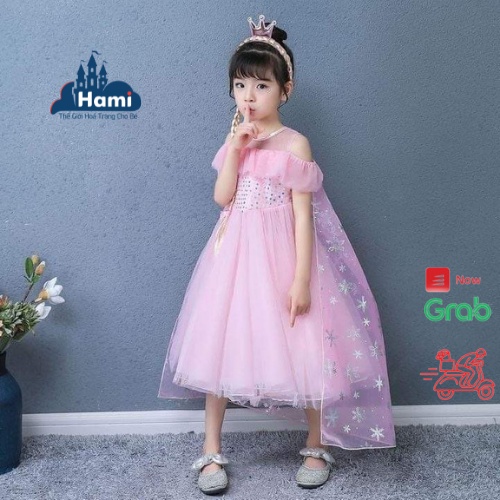 Đầm elsa đính kim sa tay ngắn màu xanh, màu hồng kèm tà tháo rời