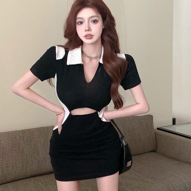 Jiashucheng Đầm Nữ Ngắn Tay Nhấn Eo Thời Trang Hàn