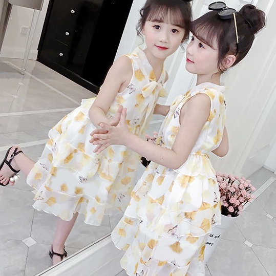 Đầm Voan Chữ A Không Tay In Họa Tiết Xinh Xắn Dành Cho Bé Gái