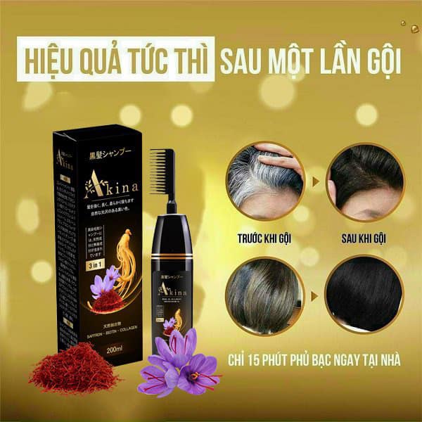 Dầu Gội Lược Chải Phủ Bạc Akina 3 trong 1 của Nhật Bản 200ml giúp tóc đen tự tin sau 9 phút