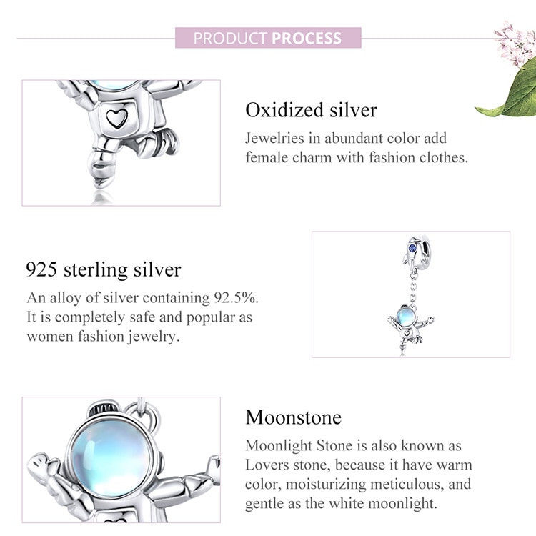 Mặt trang sức bamoer SCC1695 hình tàu vũ trụ &amp; phi hành gia bằng bạc thật 925 làm vòng tay DIY sành điệu