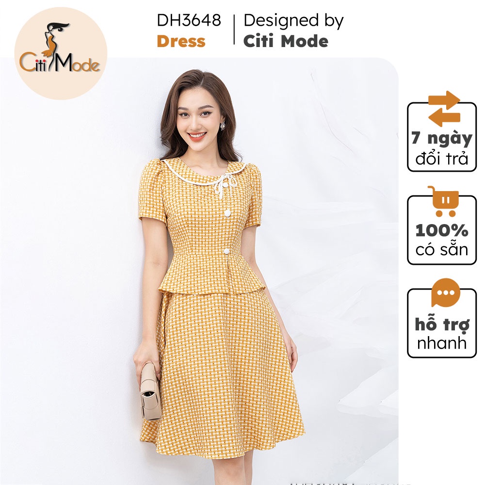 Đầm xòe peplum công sở vàng CITI MODE phối cúc lệch DH3648