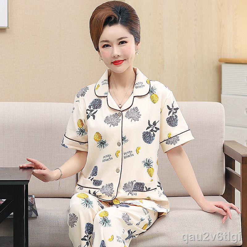 Quần dài ngắn tay nữ pijama cotton Trung Quốc cỡ lớn size mỏng phù hợp với người niên và già Dịch vụ tại nhàB