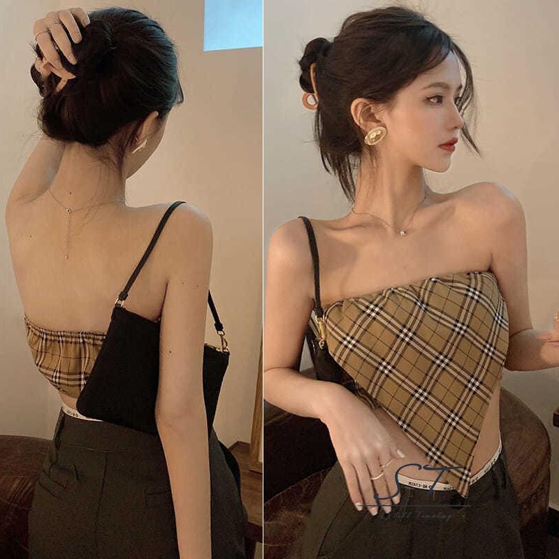 Áo Tank Top Không Tay Hở Vai In Họa Tiết Kẻ Ô CY03- Thời Trang Cho Nữ
