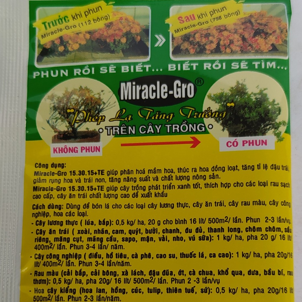 Combo bộ ba Phân Bón Lá Miracle - Gro (30-10-10) - (15-30-15) - (20-20-20), chuyên dùng cho hoa hồng, hoa lan