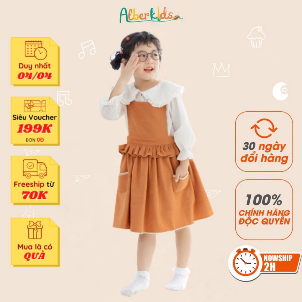 Set yếm Babydoll Vintage nâu tây kèm sơ mi trắng ALBERKIDS xinh đẹp cho bé gái 2,3,4,5,6,7,8,9,10,11,12 tuổi [Y01]