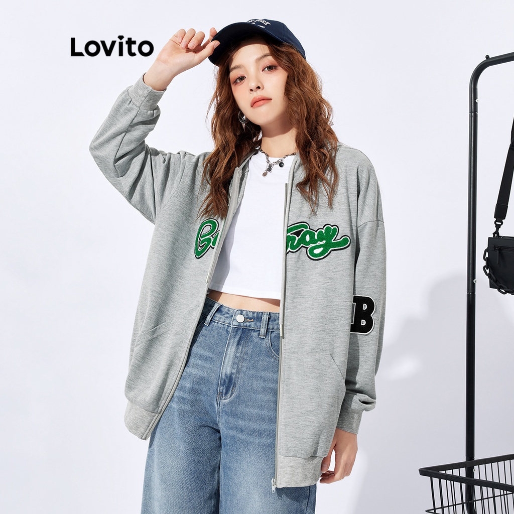 Áo len Lovito quá cỡ unisex họa tiết chữ cái khóa kéo có túi dây rút màu trơn phong cách thường ngày L32FW024 (màu xám)
