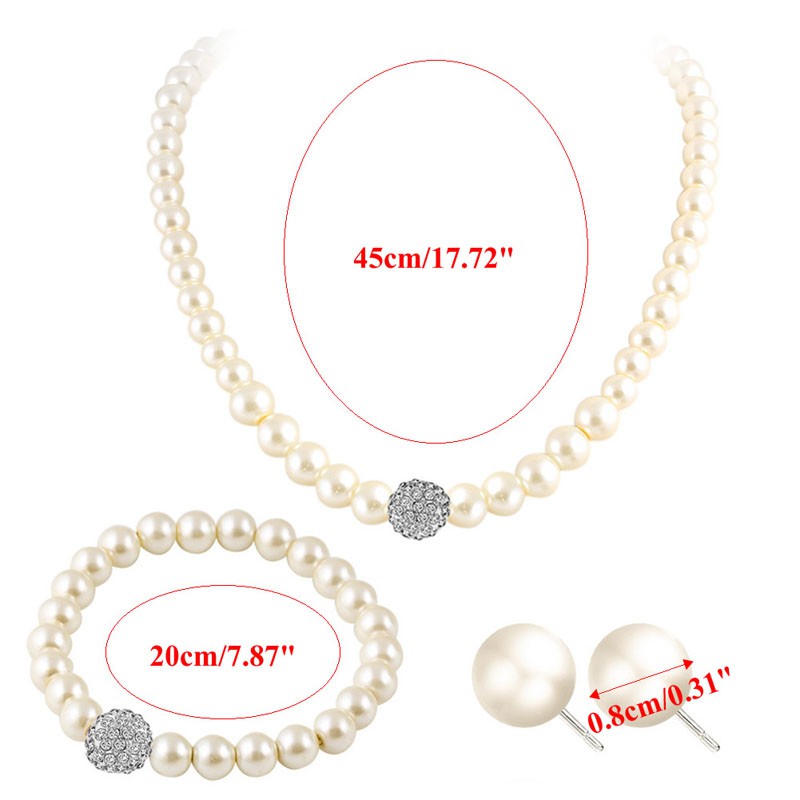 Bộ trang sức ngọc trai giả gồm vòng cổ + vòng tay + khuyên tai đính đá giả thời trang cho cô dâu