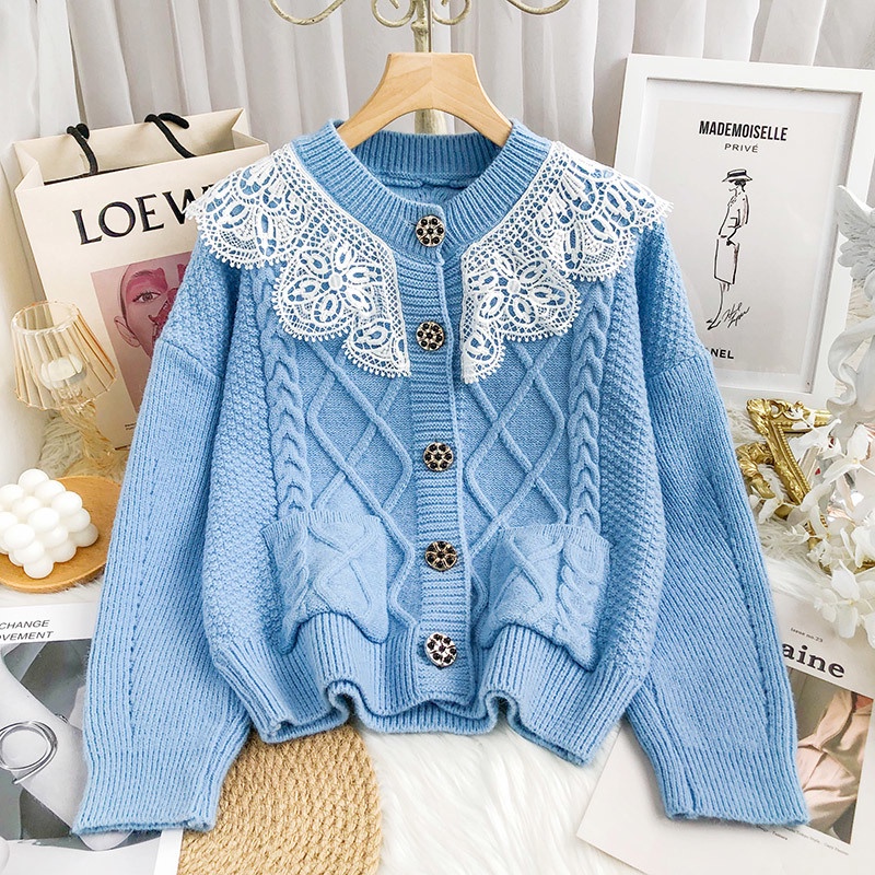 Áo Cardigan Dệt Kim Tay Dài Phối Ren Đáy Ngắn Màu Xanh Dương Sương Mù Nước Mới