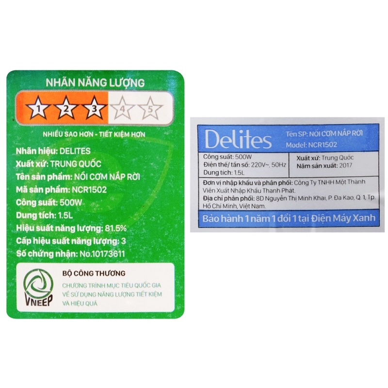 Nồi cơm điện Delites 1.5 lít NCR1502 hàng chính hãng %