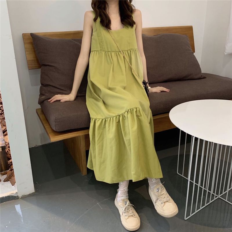 Korean style mid-length square collar summer casual loose pleated suspender skirt，cheap borong of Koreanfashion women's clothing readystock 210521