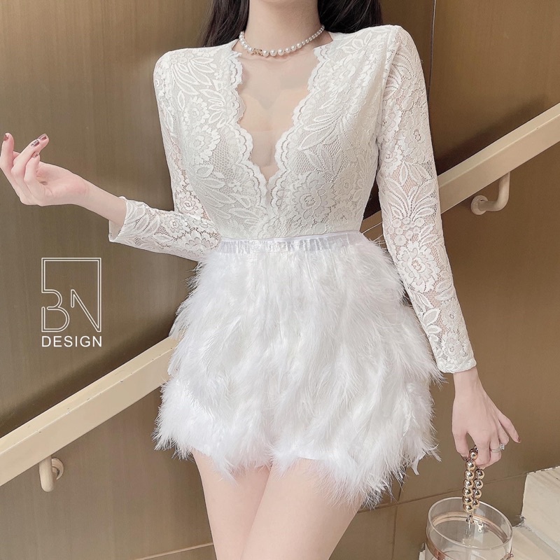 Đầm lông vũ phối ren dài tay