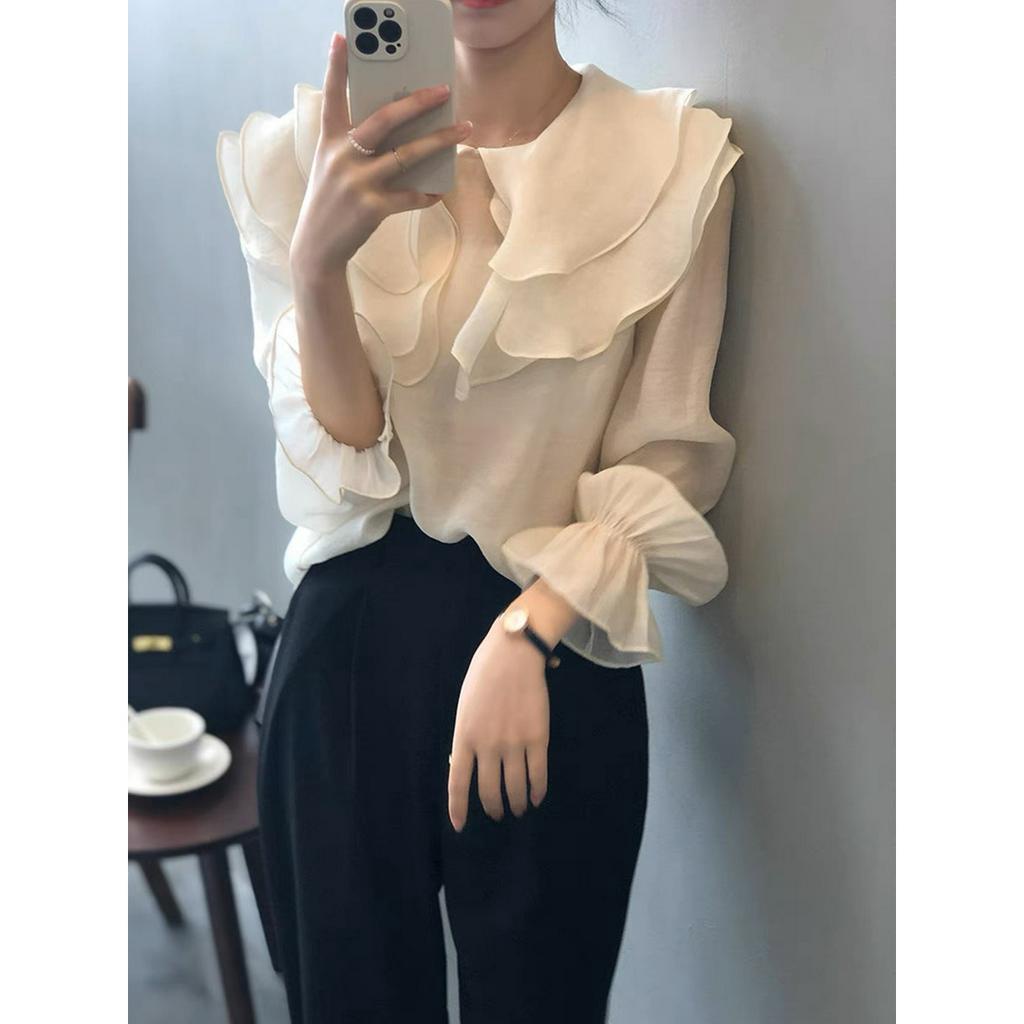 Áo Sơ Mi Tay Dài Nữ dom.in style , Áo SơMi Nữ bèo cổ 3 lớp Mềm thoáng mát  Xinh Xắn TD005