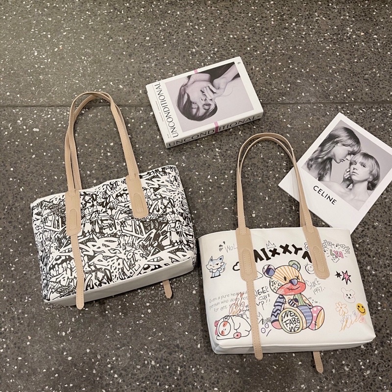 Túi Tote Đeo Vai, Túi Xách Nữ Hoạ Tiết Gấu Mixxyn