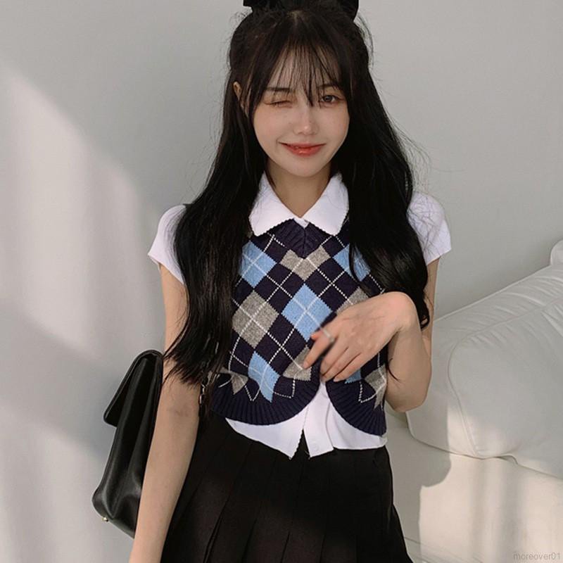 Áo Croptop Dệt Kim Không Tay Cổ Chữ V Họa Tiết Sọc Caro Màu Sắc Tương Phản Thời Trang Cho Nữ | BigBuy360 - bigbuy360.vn