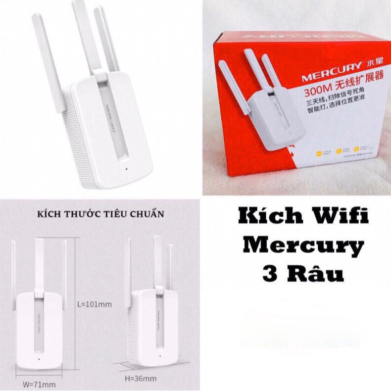 Thiết bị kích sóng wifi 3 râu Mercury cực mạnh, Tăng cường độ sóng wifi (Wireless 300Mbps), phát wifi - BH 6 tháng