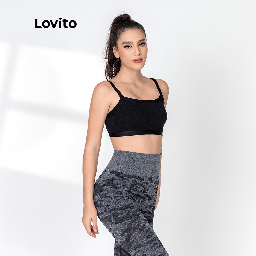 Áo ngực Lovito có đệm mút Yoga mềm mại, thoải mái với thiết kế lưng đẹp L0602 (đen / xanh lá)