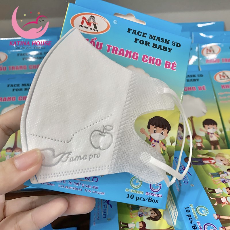 Khẩu trang y tế trẻ em 3 lớp kháng khuẩn 5D mask Famapro Nam Anh, dây đeo mềm mại (hộp 10 cái)