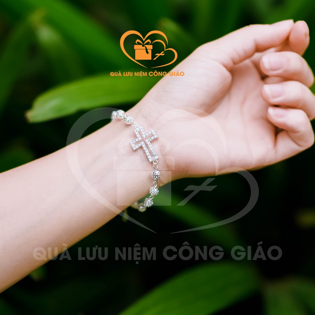 Chuỗi mân côi, lắc tay nữ hình Thánh Giá hở chất liệu bạc Quà Lưu Niệm Công Giáo
