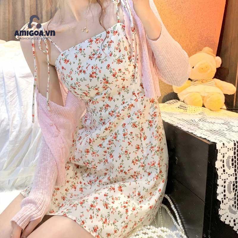 ✨✨Đầm Ngắn Hai Dây Cổ Chữ V Xẻ Tà In Họa Tiết Hoa Màu Vàng Phong Cách Pháp Thanh Lịch Thời Trang Mùa Hè Cho Nữ