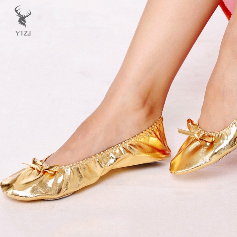 COD&amp; Golden Flat Ballet Yoga Dance Shoes Portable for Lady Girl Woman