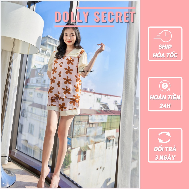 Bộ đồ mặc nhà cộc tay Pijama tay bồng lụa mango họa tiết mùa thu Hàn Quốc DOLLY SECRET CC14