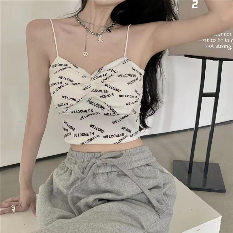 DUNEA Áo croptop hai dây in chữ phong cách quyến rũ dành cho nữ