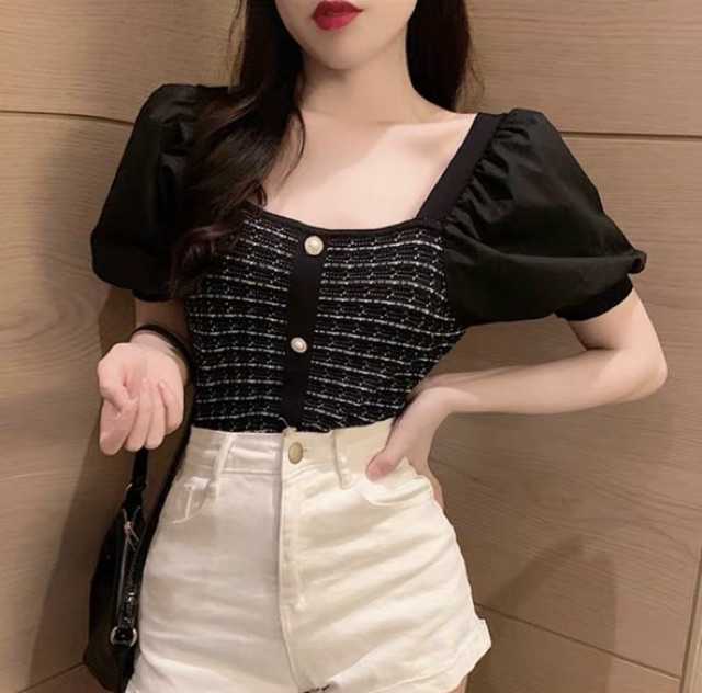 Áo len tay pha cổ vuông chất đẹp, Áo kiểu cổ vuông vai bồng AL7524 - NhiNhiShop