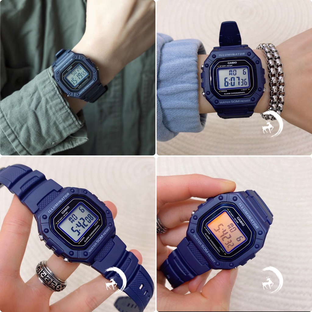 Đồng hồ nam nữ Casio điện tử chính hãng mặt vuông chống nước 3ATM , dây nhựa - đồng hồ W218