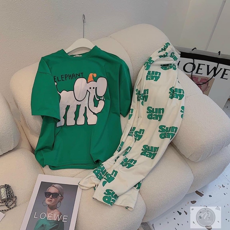 Set áo cotton xanh voi con quần suông gân R9