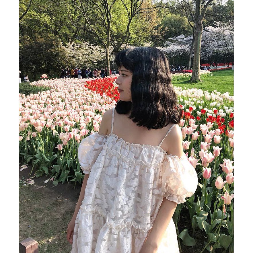 Đầm babydoll 2 dây rớt vai hoa nổi tay bồng Cao Cấp hàng loại 1, màu trắng Ulzzang ren mây dáng xòe, cute dễ thương