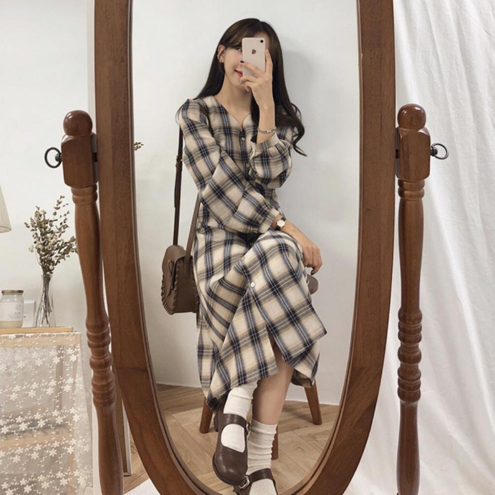 Váy ulzzang dáng dài tiểu thư cổ tim Hàn Quốc, Váy dài Vintage dài tay cổ tim phong cách ulzzang Hàn Quốc V12 - Roxie  ྇