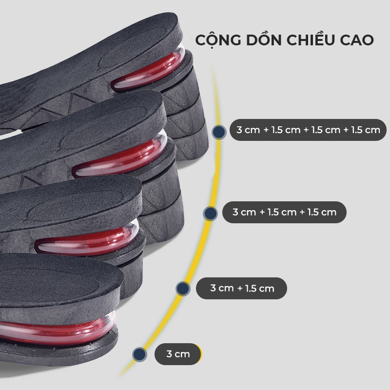 Lót giày tăng chiều cao đệm khí màu đen phù hợp cho cả nam và nữ 1 đôi tăng thêm 3cm hoặc 5cm và tự cắt theo size