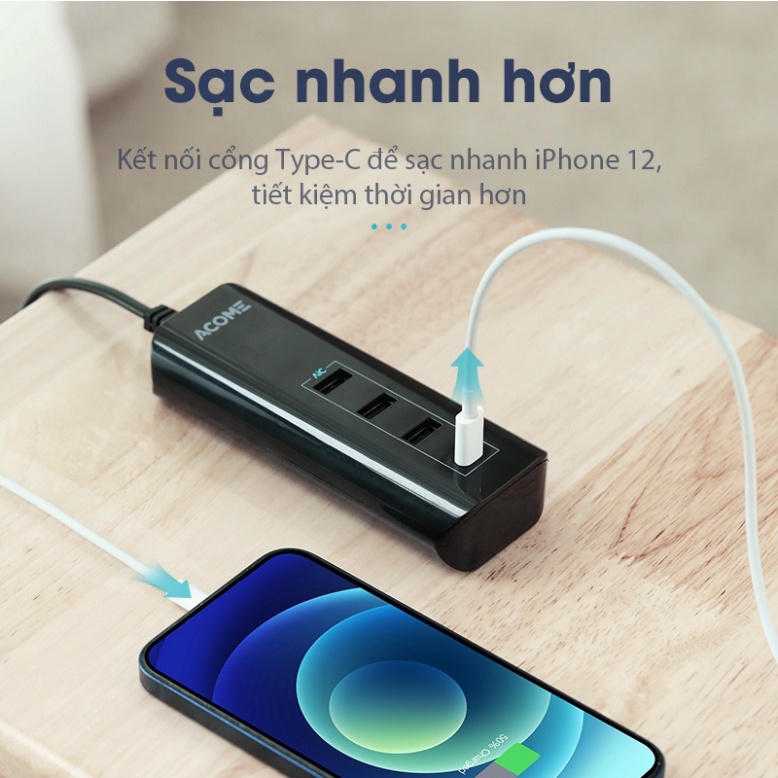 Ổ Cắm Sạc Hỗ Trợ Sạc Nhanh 4 Cổng Sạc USB-A Type C Tương Thích Thiết Bị Android IOS Acome AC20