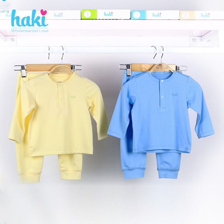 Bộ quần áo dài tay Haki cho bé trai bé gái sơ sinh tới 3 tuổi thiết kế cổ trụ vải sợi tre cotton BB011