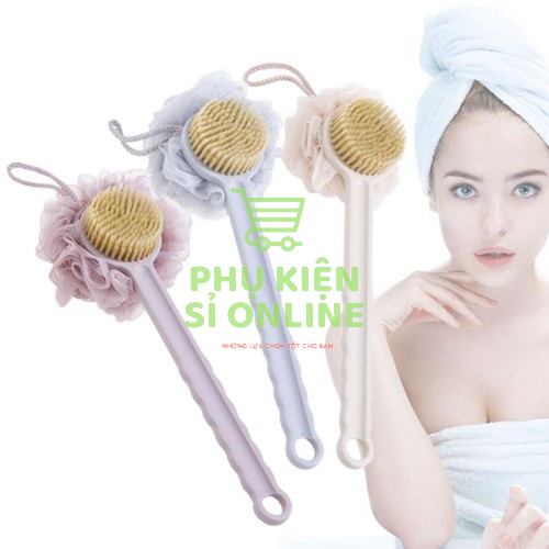 Cây bàn chải cọ lưng mịn kèm bông tắm 2in1 tiện ích.
