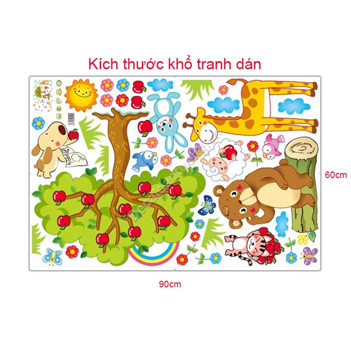Decal dán tường Vườn Thú và Cây táo, decal dán tường Thú cây táo