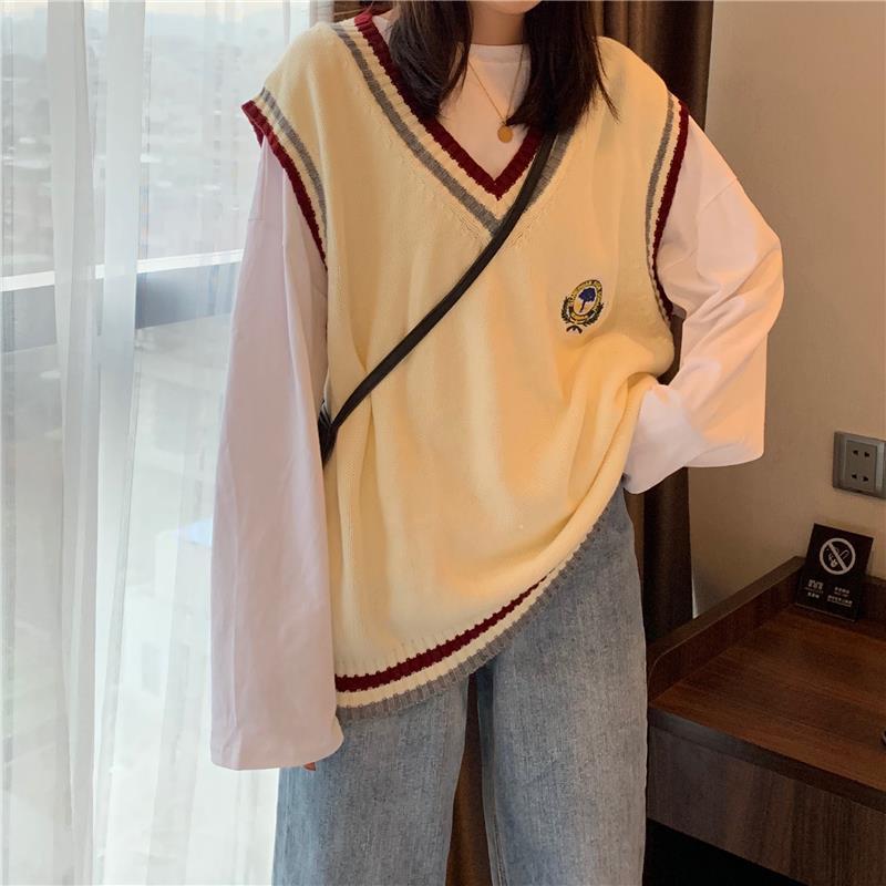 Áo sweater màu trơn họa tiết thêu phong cách Hàn Quốc cho nữ